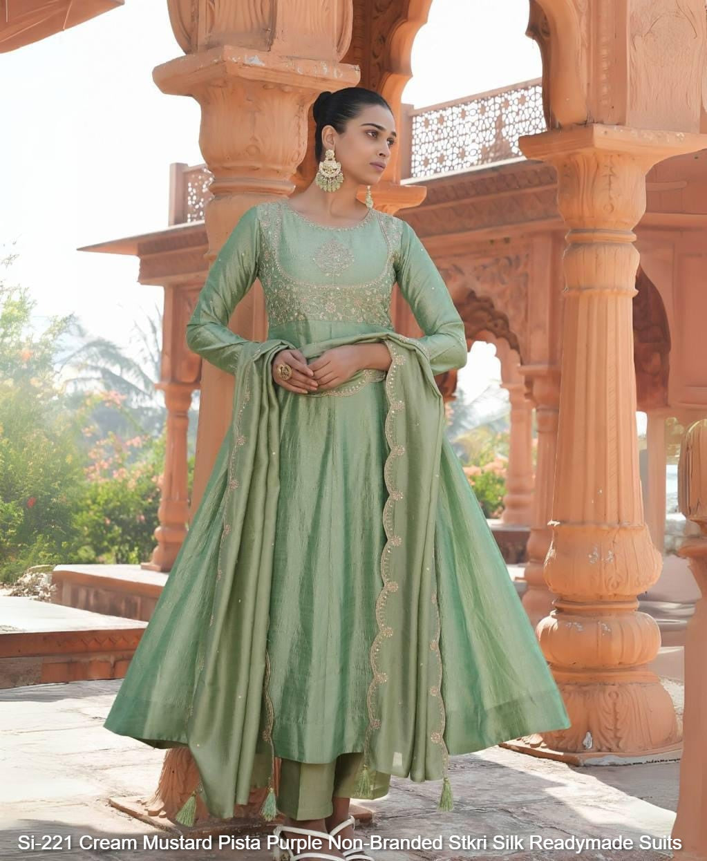 Si-221 Cream Mustard Pista Purple Non-Branded Stkri Silk Readymade Suits