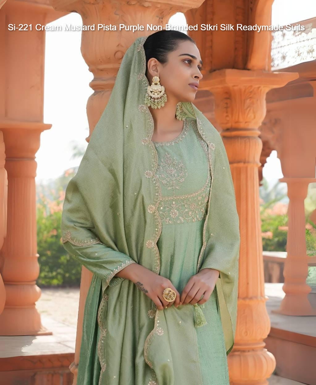 Si-221 Cream Mustard Pista Purple Non-Branded Stkri Silk Readymade Suits