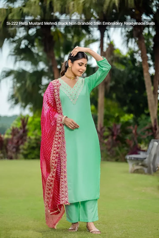 Si-222 Pista Mustard Mehndi Black Non-Branded Stkri Embroidery Readymade Suits