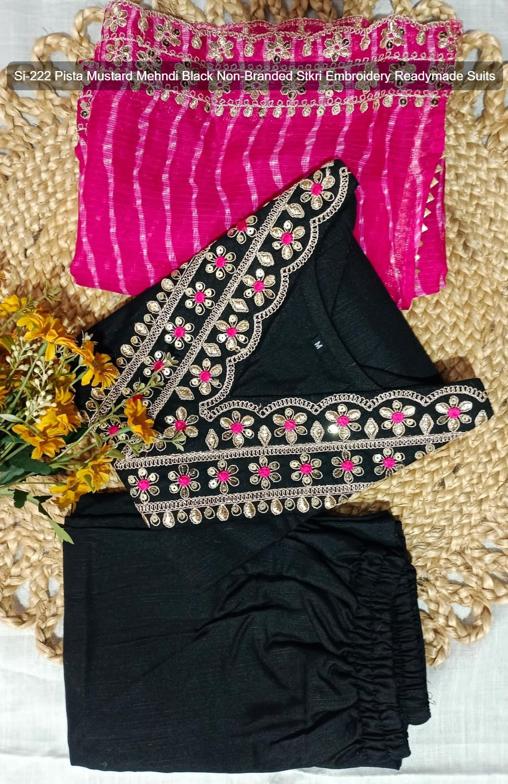 Si-222 Pista Mustard Mehndi Black Non-Branded Stkri Embroidery Readymade Suits