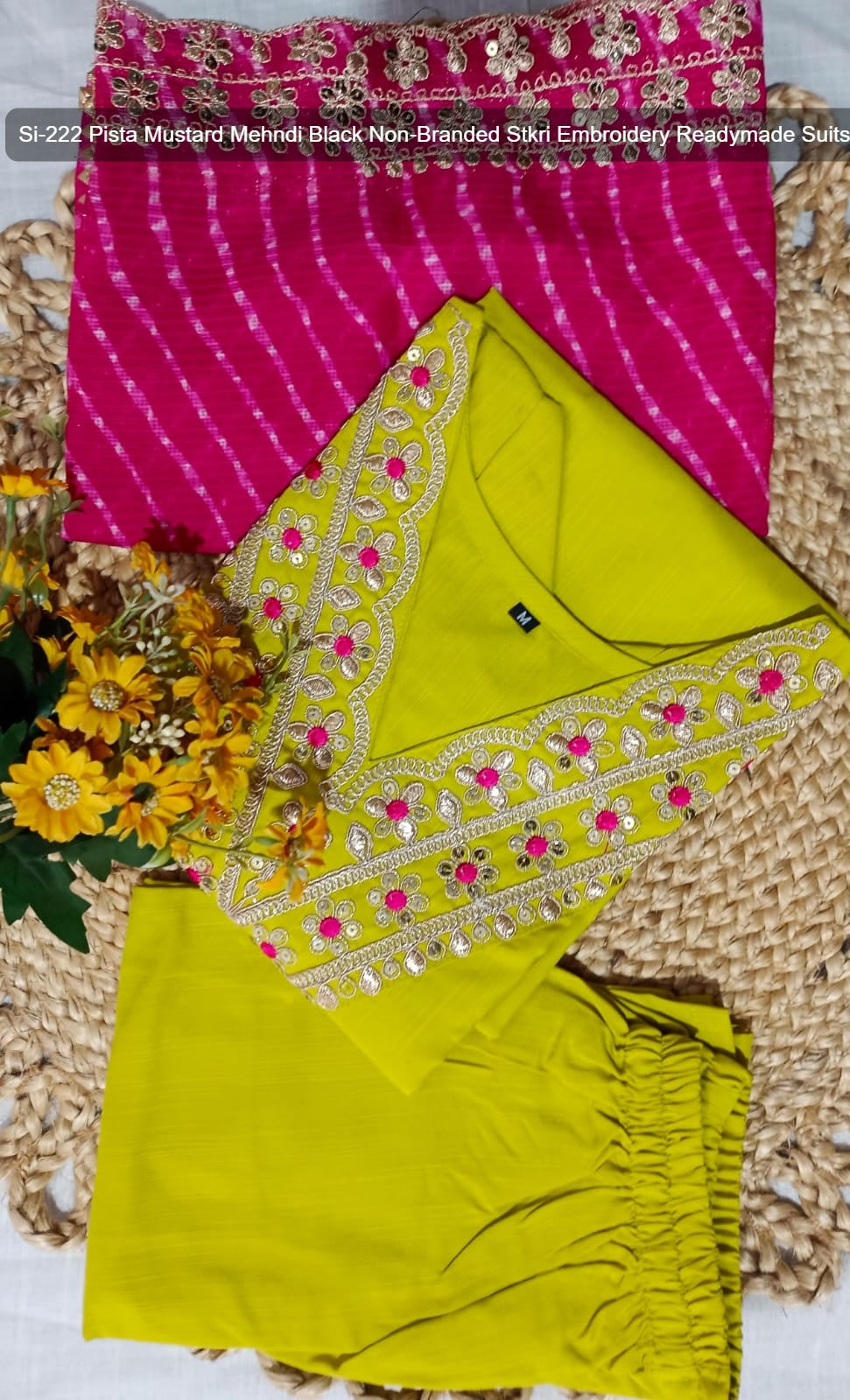 Si-222 Pista Mustard Mehndi Black Non-Branded Stkri Embroidery Readymade Suits
