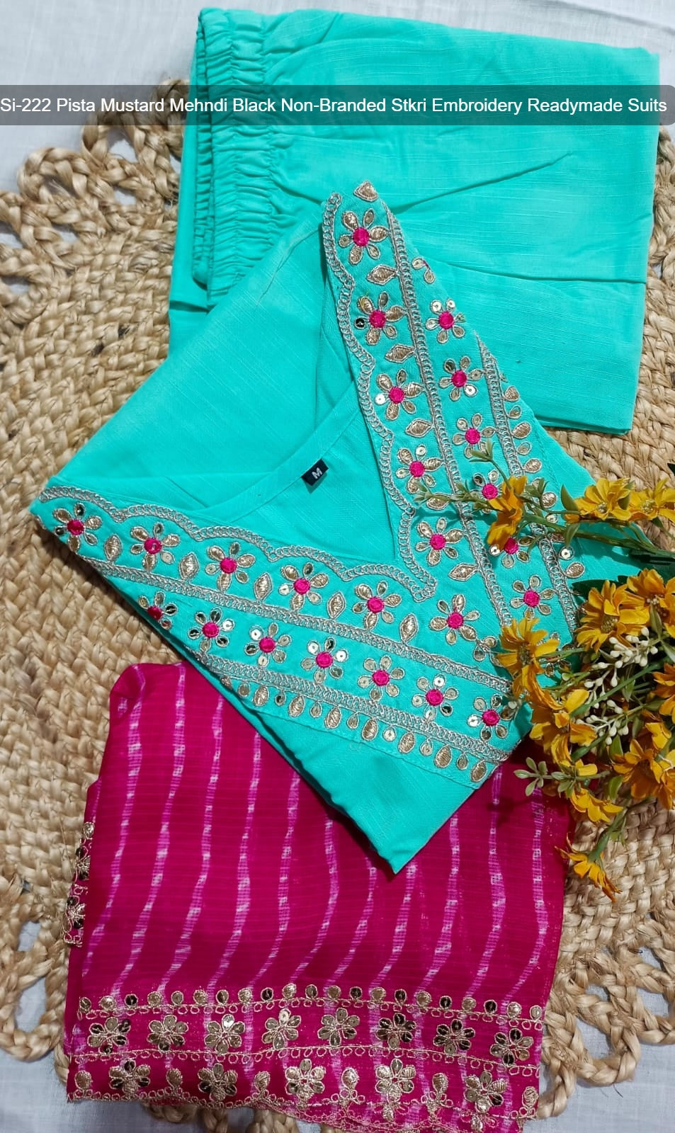 Si-222 Pista Mustard Mehndi Black Non-Branded Stkri Embroidery Readymade Suits