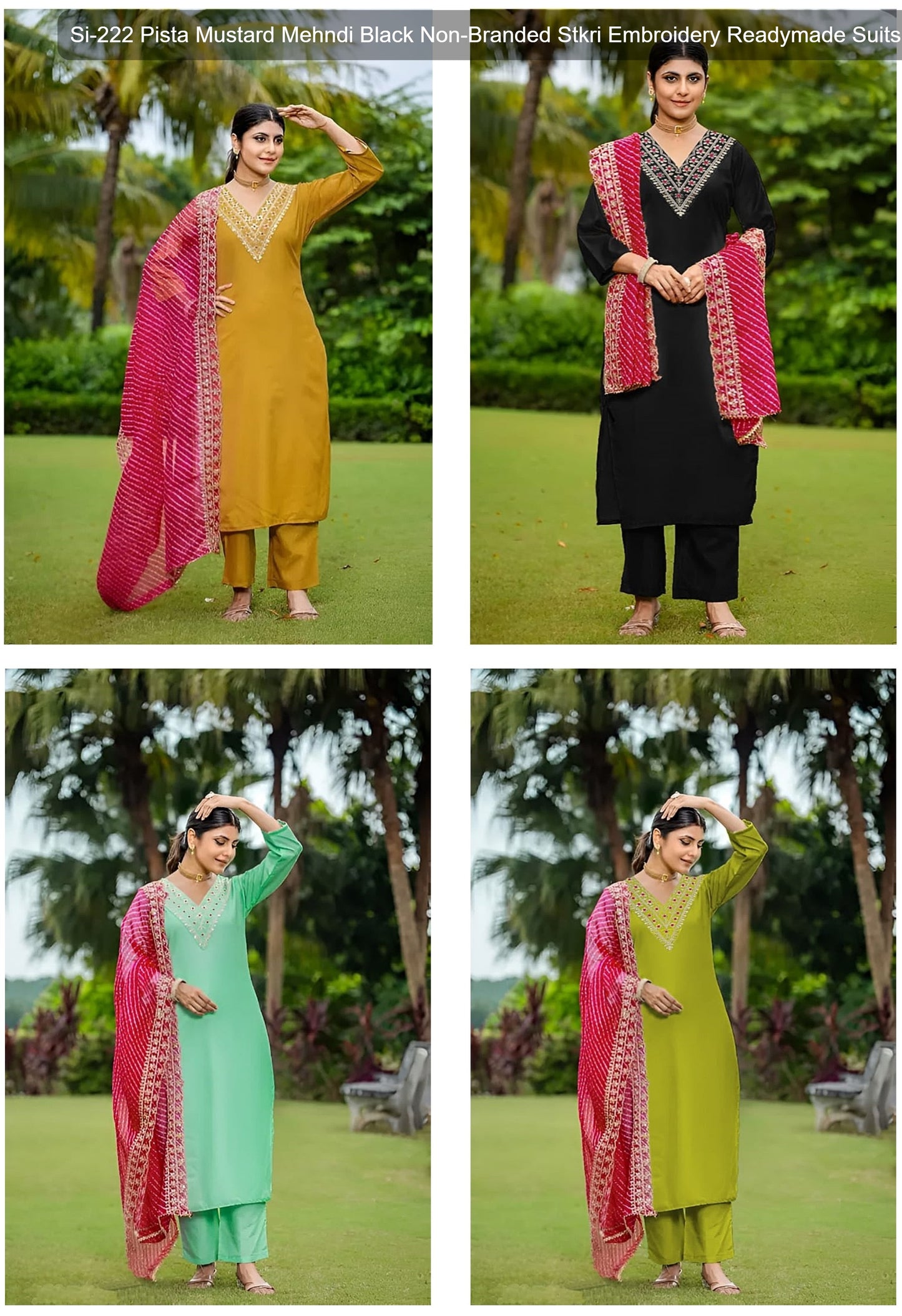 Si-222 Pista Mustard Mehndi Black Non-Branded Stkri Embroidery Readymade Suits