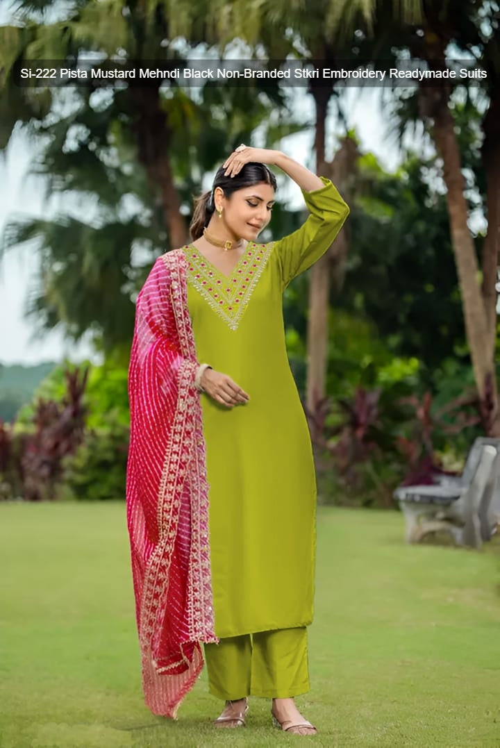 Si-222 Pista Mustard Mehndi Black Non-Branded Stkri Embroidery Readymade Suits