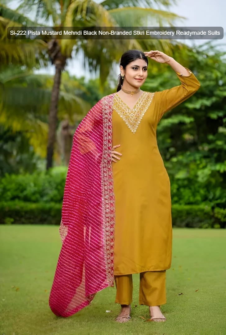 Si-222 Pista Mustard Mehndi Black Non-Branded Stkri Embroidery Readymade Suits