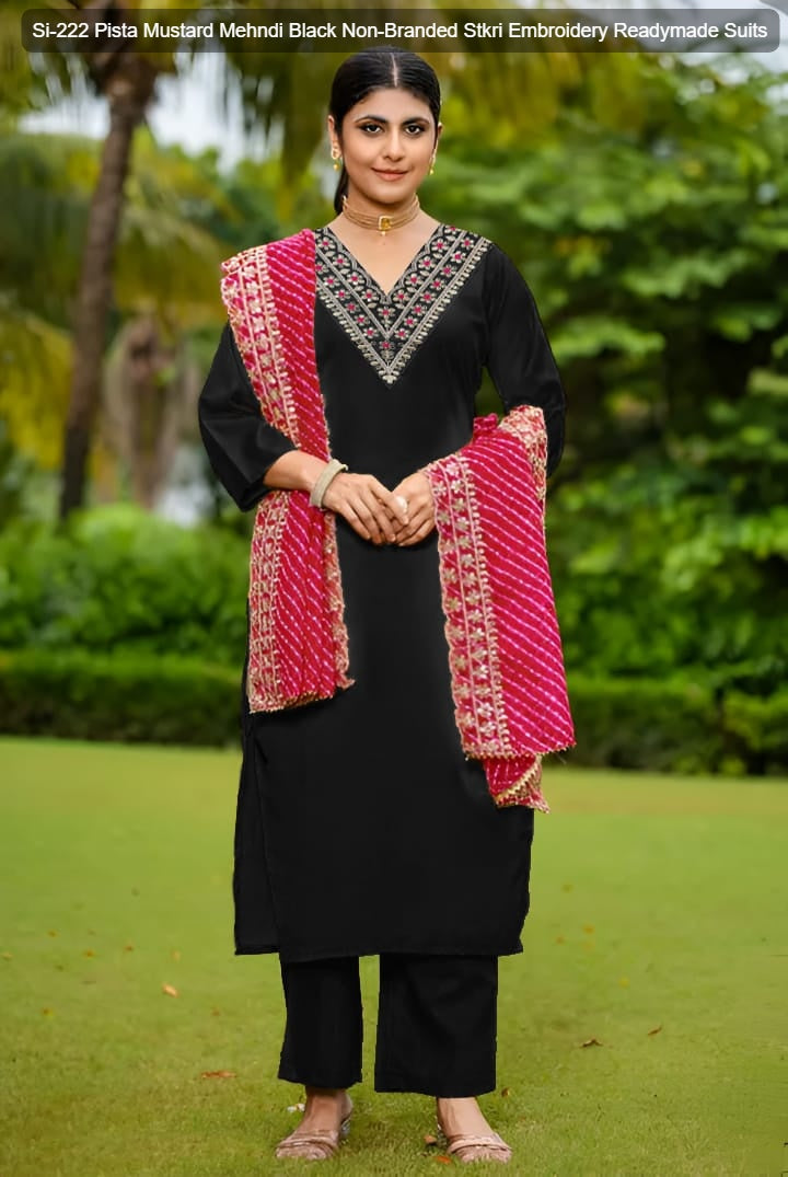 Si-222 Pista Mustard Mehndi Black Non-Branded Stkri Embroidery Readymade Suits