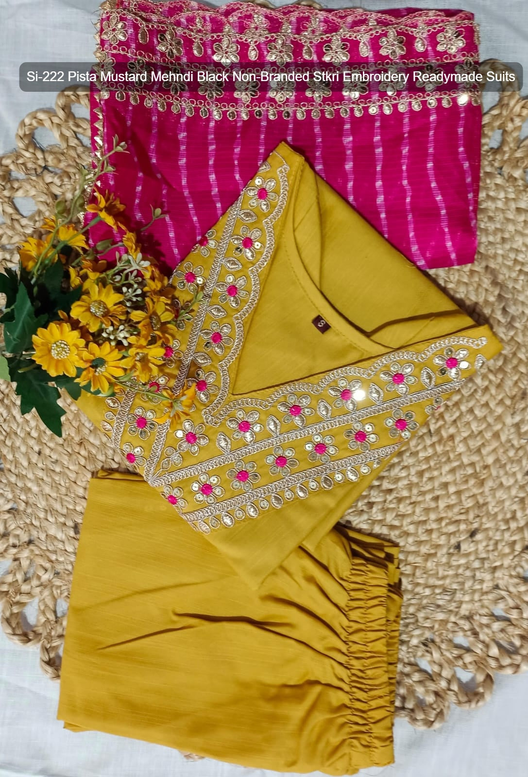 Si-222 Pista Mustard Mehndi Black Non-Branded Stkri Embroidery Readymade Suits