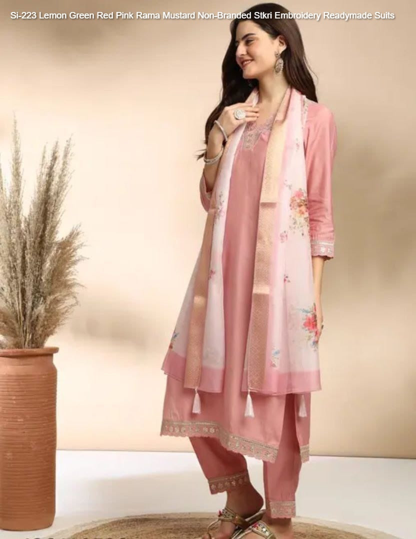 Si-223 Lemon Green Red Pink Rama Mustard Non-Branded Stkri Embroidery Readymade Suits
