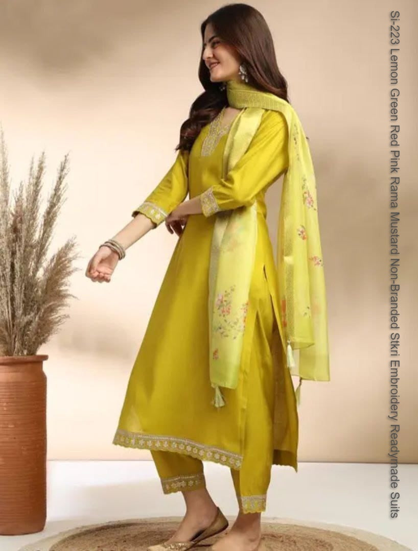 Si-223 Lemon Green Red Pink Rama Mustard Non-Branded Stkri Embroidery Readymade Suits