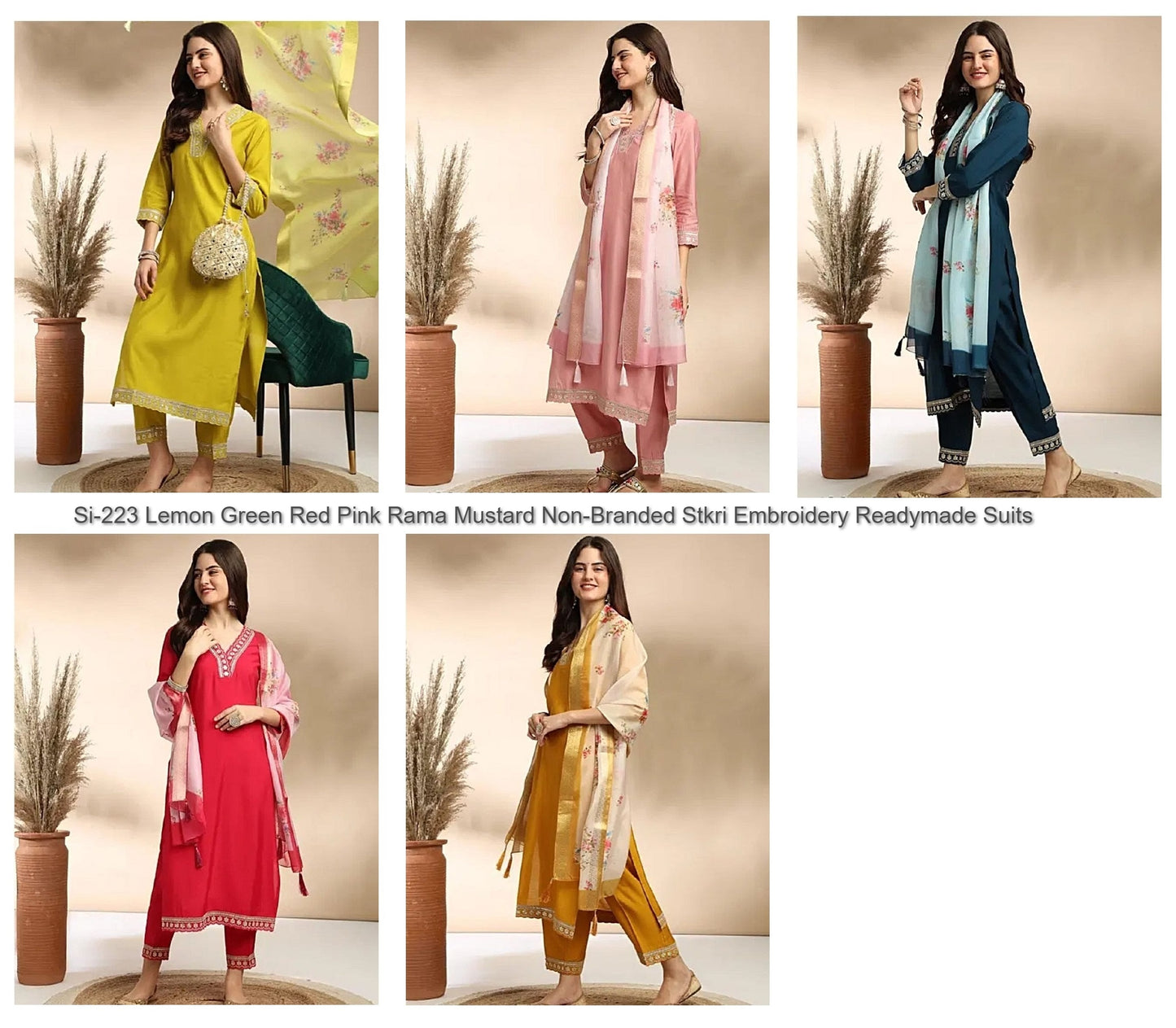 Si-223 Lemon Green Red Pink Rama Mustard Non-Branded Stkri Embroidery Readymade Suits