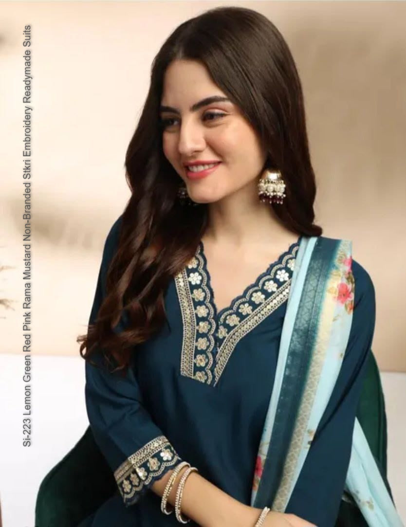 Si-223 Lemon Green Red Pink Rama Mustard Non-Branded Stkri Embroidery Readymade Suits