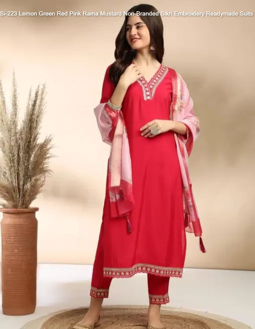 Si-223 Lemon Green Red Pink Rama Mustard Non-Branded Stkri Embroidery Readymade Suits