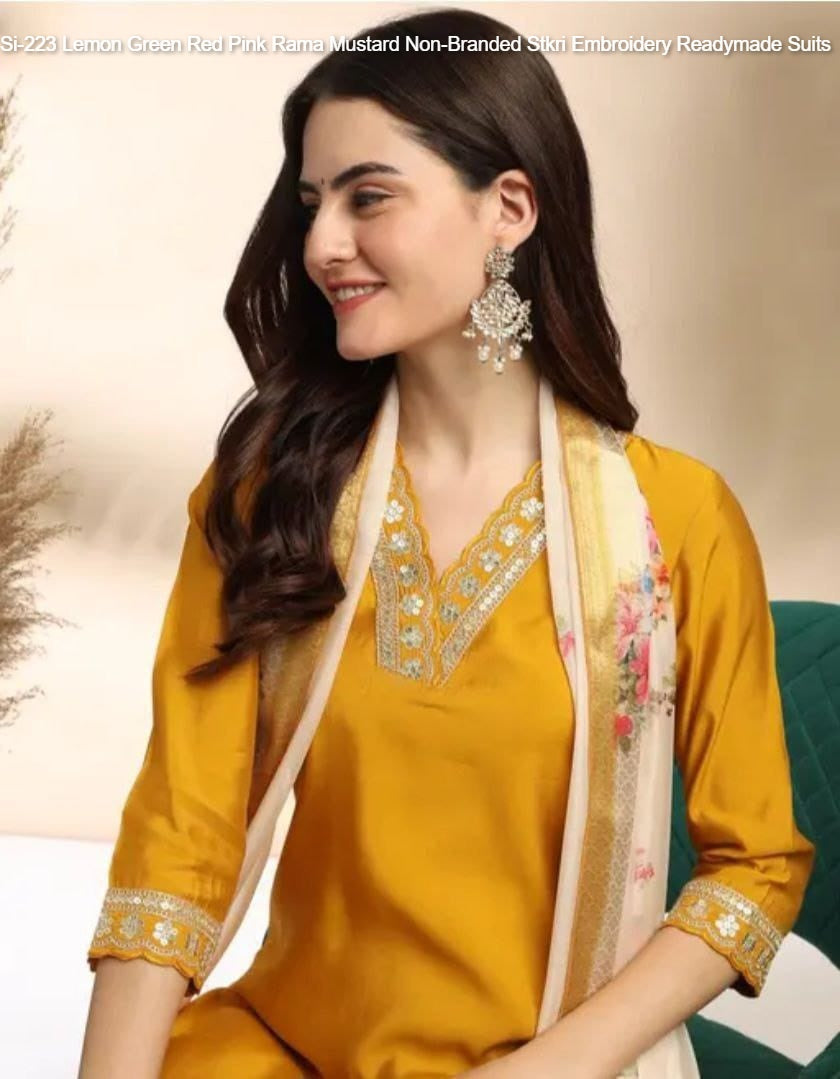 Si-223 Lemon Green Red Pink Rama Mustard Non-Branded Stkri Embroidery Readymade Suits