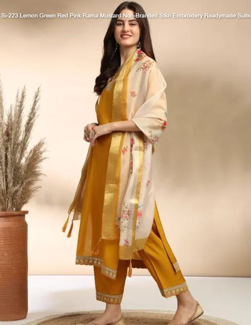 Si-223 Lemon Green Red Pink Rama Mustard Non-Branded Stkri Embroidery Readymade Suits