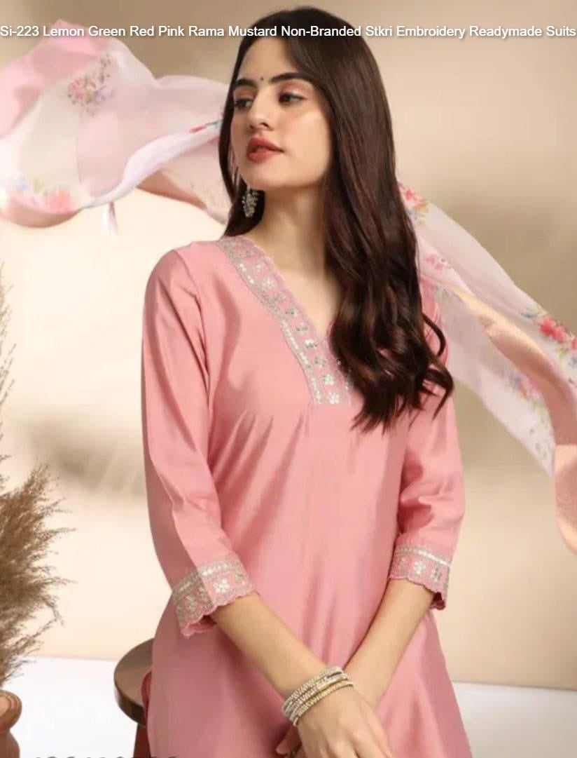 Si-223 Lemon Green Red Pink Rama Mustard Non-Branded Stkri Embroidery Readymade Suits
