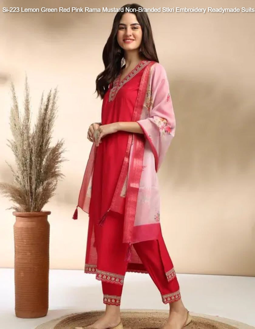 Si-223 Lemon Green Red Pink Rama Mustard Non-Branded Stkri Embroidery Readymade Suits
