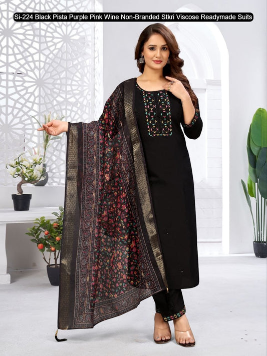 Si-224 Black Pista Purple Pink Wine Non-Branded Stkri Viscose Readymade Suits