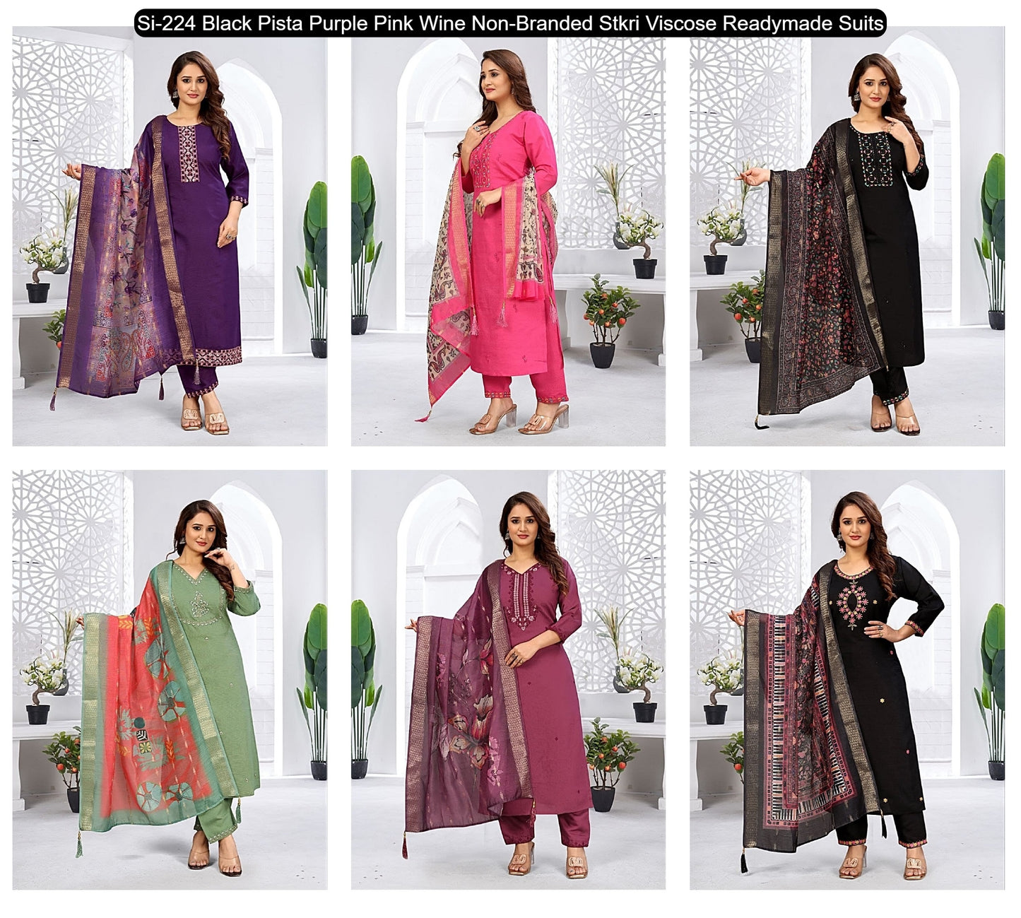 Si-224 Black Pista Purple Pink Wine Non-Branded Stkri Viscose Readymade Suits