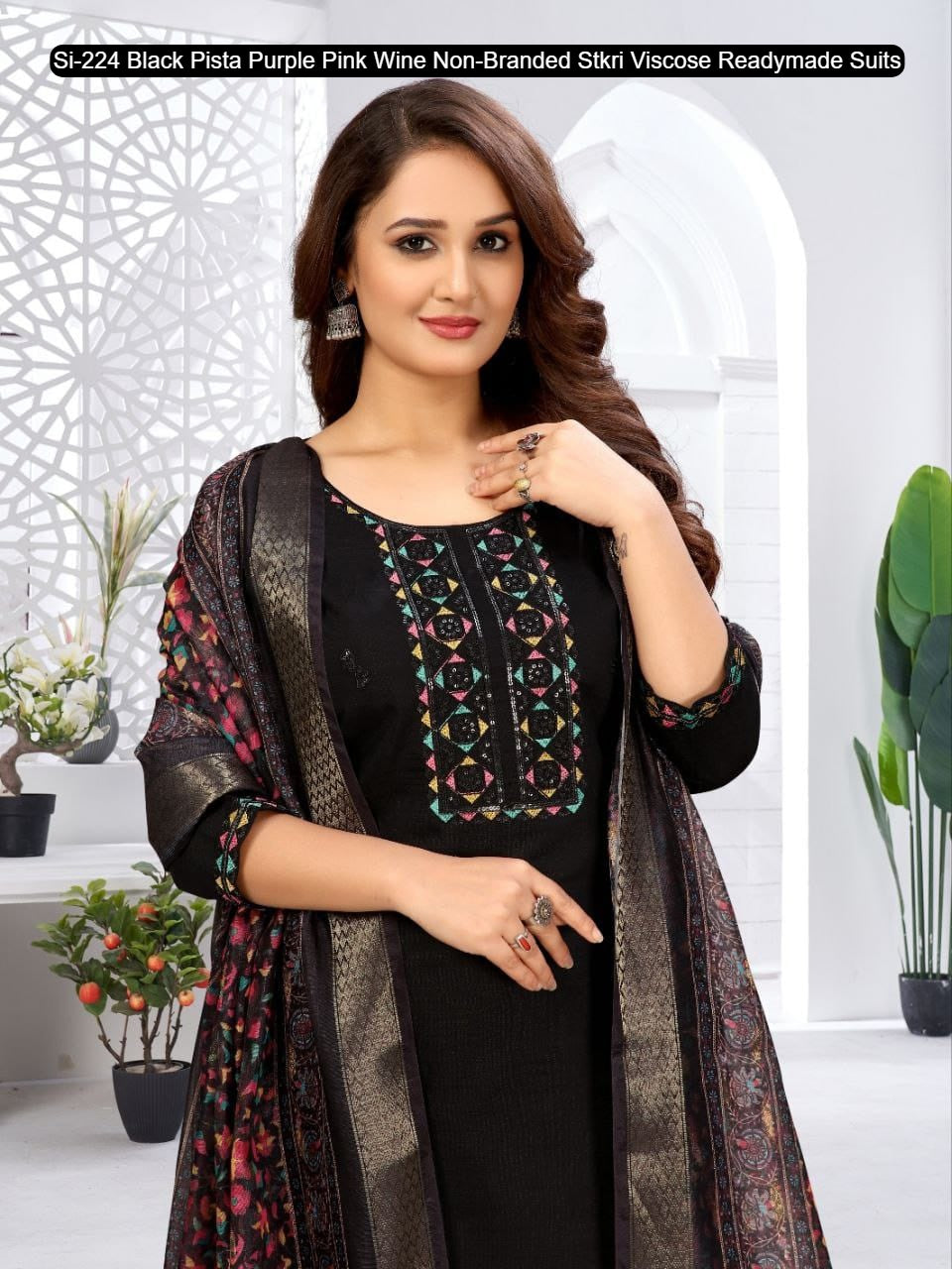 Si-224 Black Pista Purple Pink Wine Non-Branded Stkri Viscose Readymade Suits