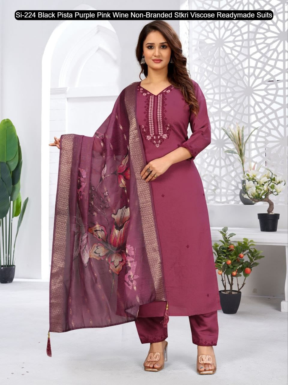Si-224 Black Pista Purple Pink Wine Non-Branded Stkri Viscose Readymade Suits