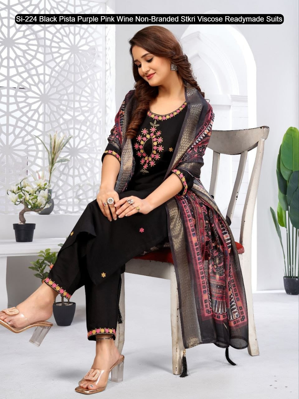 Si-224 Black Pista Purple Pink Wine Non-Branded Stkri Viscose Readymade Suits