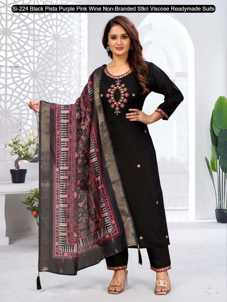 Si-224 Black Pista Purple Pink Wine Non-Branded Stkri Viscose Readymade Suits