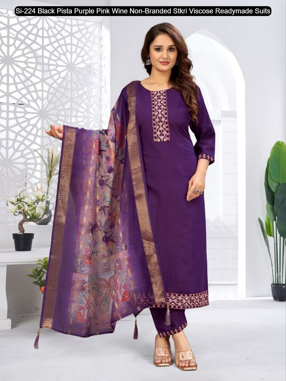 Si-224 Black Pista Purple Pink Wine Non-Branded Stkri Viscose Readymade Suits