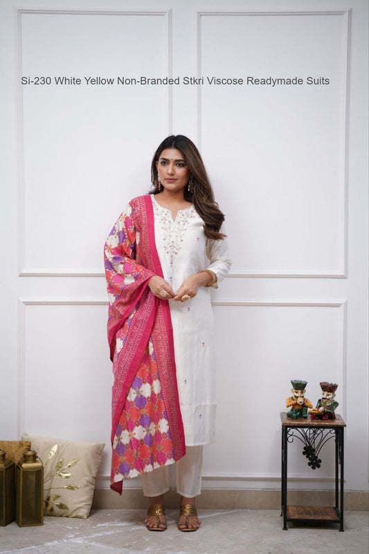 Si-230 White Yellow Non-Branded Stkri Viscose Readymade Suits