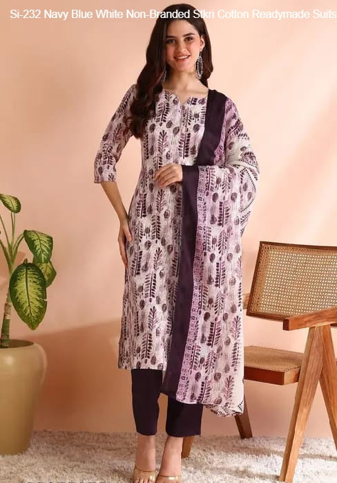 Si-232 Navy Blue White Non-Branded Stkri Cotton Readymade Suits