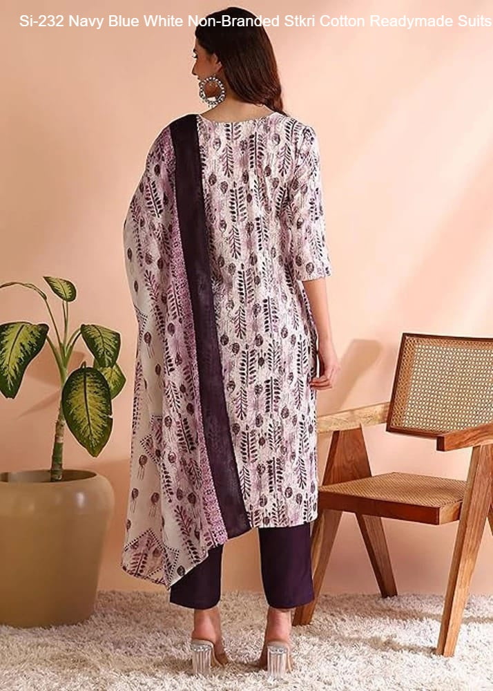 Si-232 Navy Blue White Non-Branded Stkri Cotton Readymade Suits
