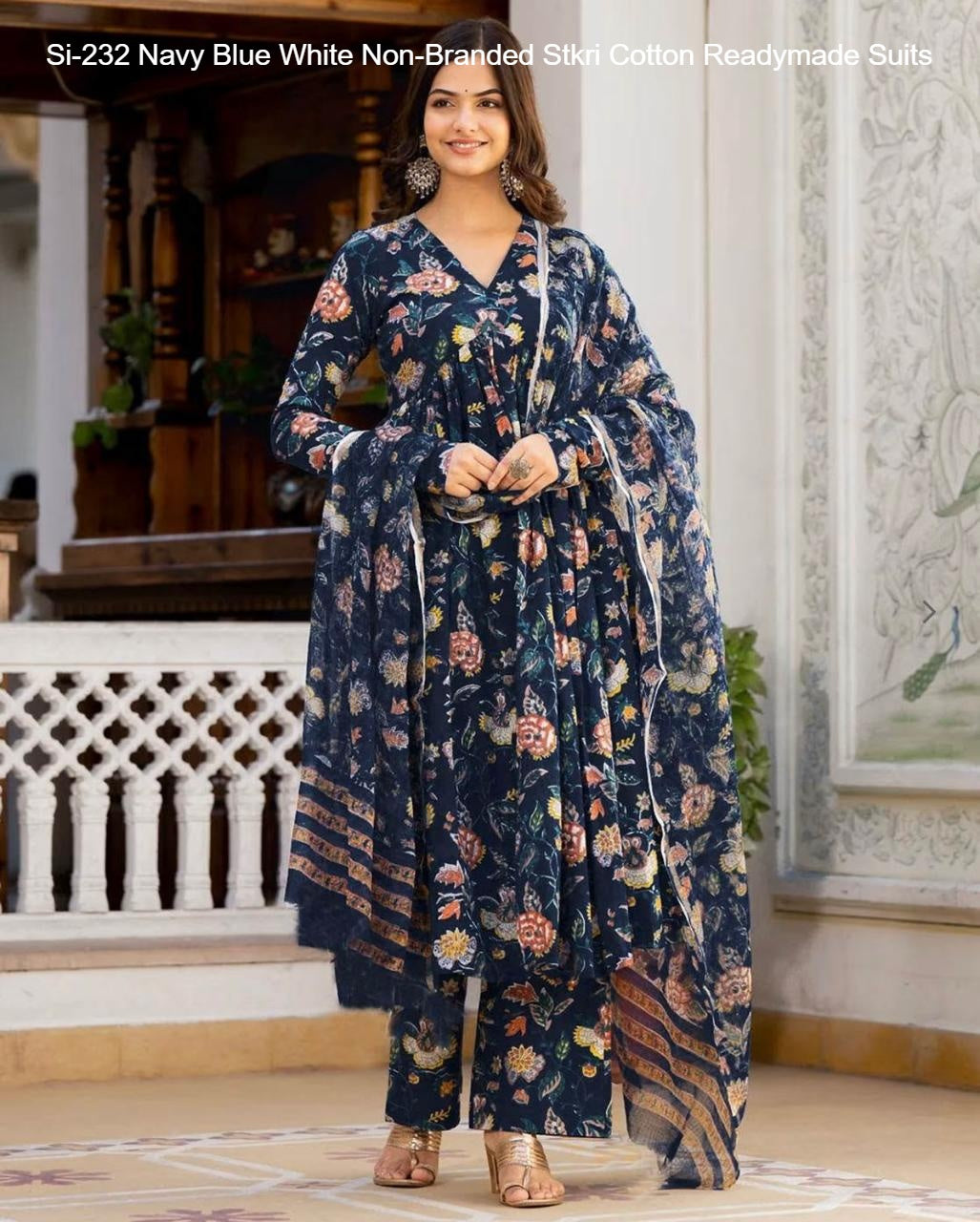 Si-232 Navy Blue White Non-Branded Stkri Cotton Readymade Suits