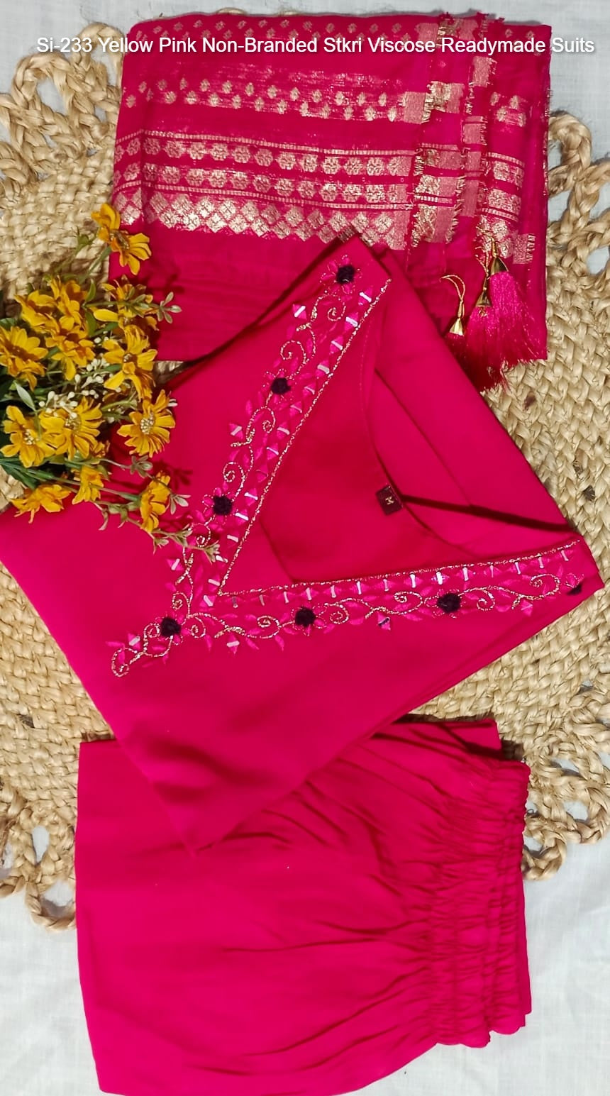 Si-233 Yellow Pink Non-Branded Stkri Viscose Readymade Suits