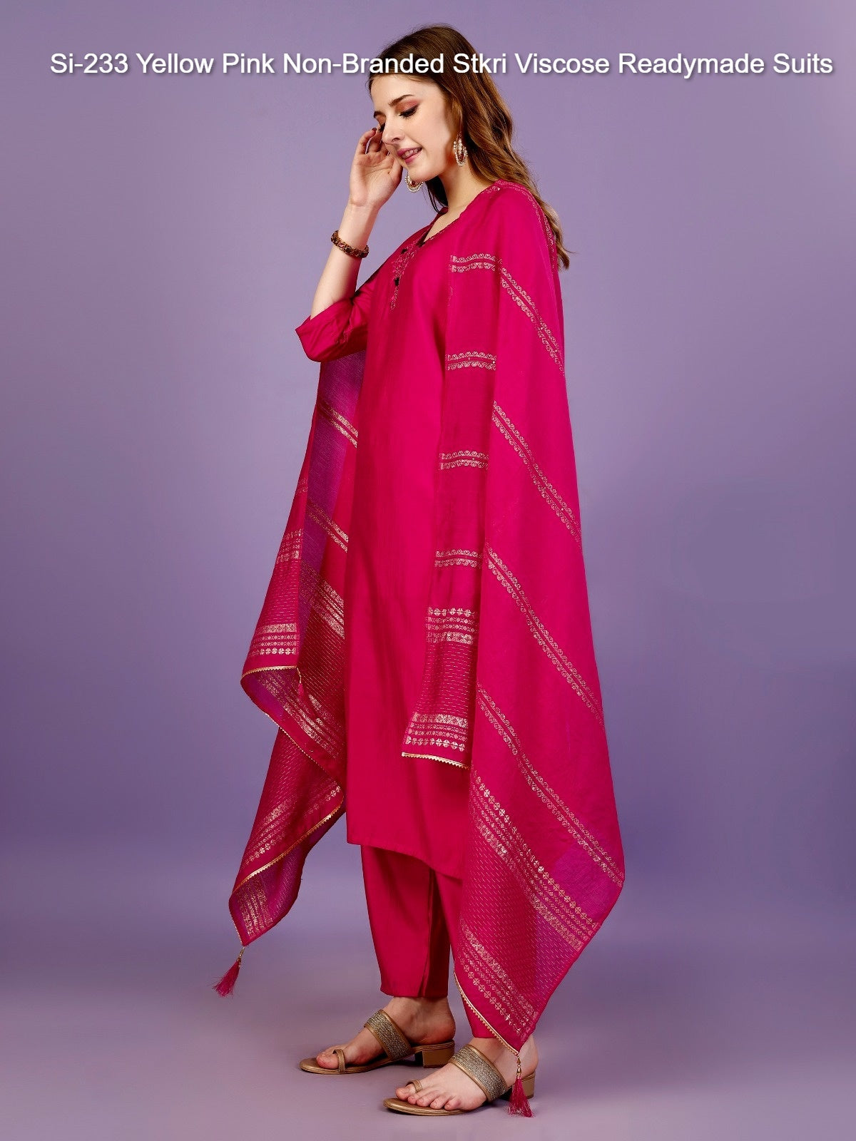 Si-233 Yellow Pink Non-Branded Stkri Viscose Readymade Suits