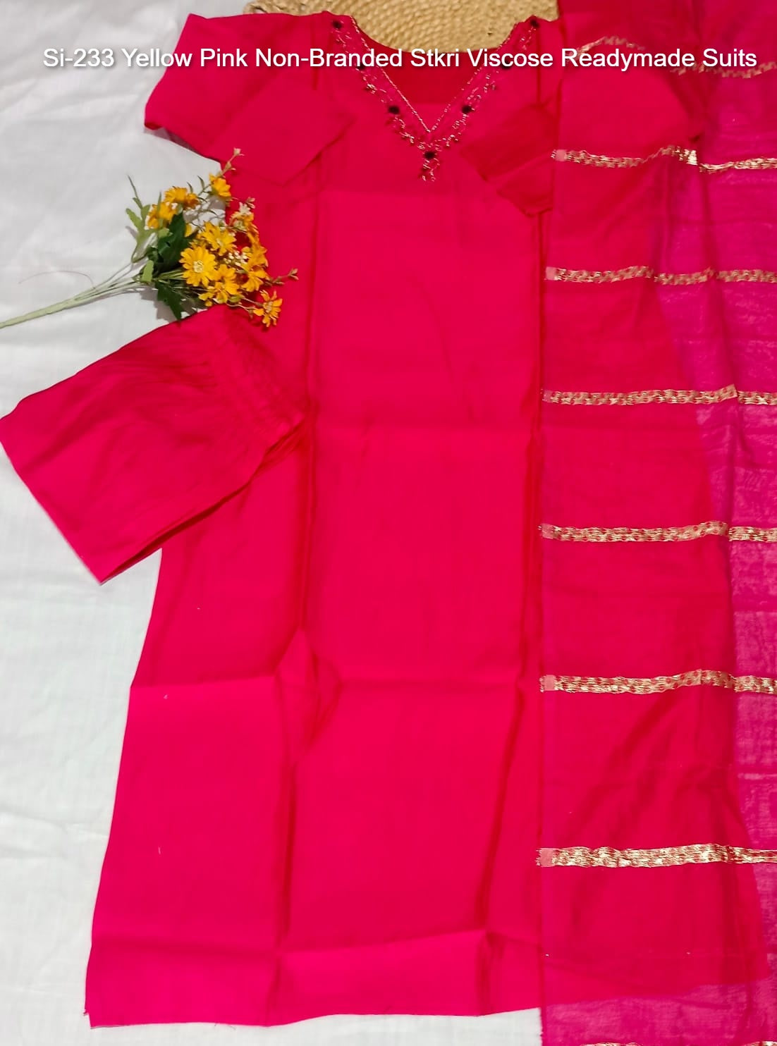Si-233 Yellow Pink Non-Branded Stkri Viscose Readymade Suits