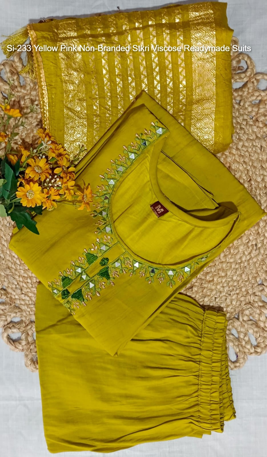 Si-233 Yellow Pink Non-Branded Stkri Viscose Readymade Suits