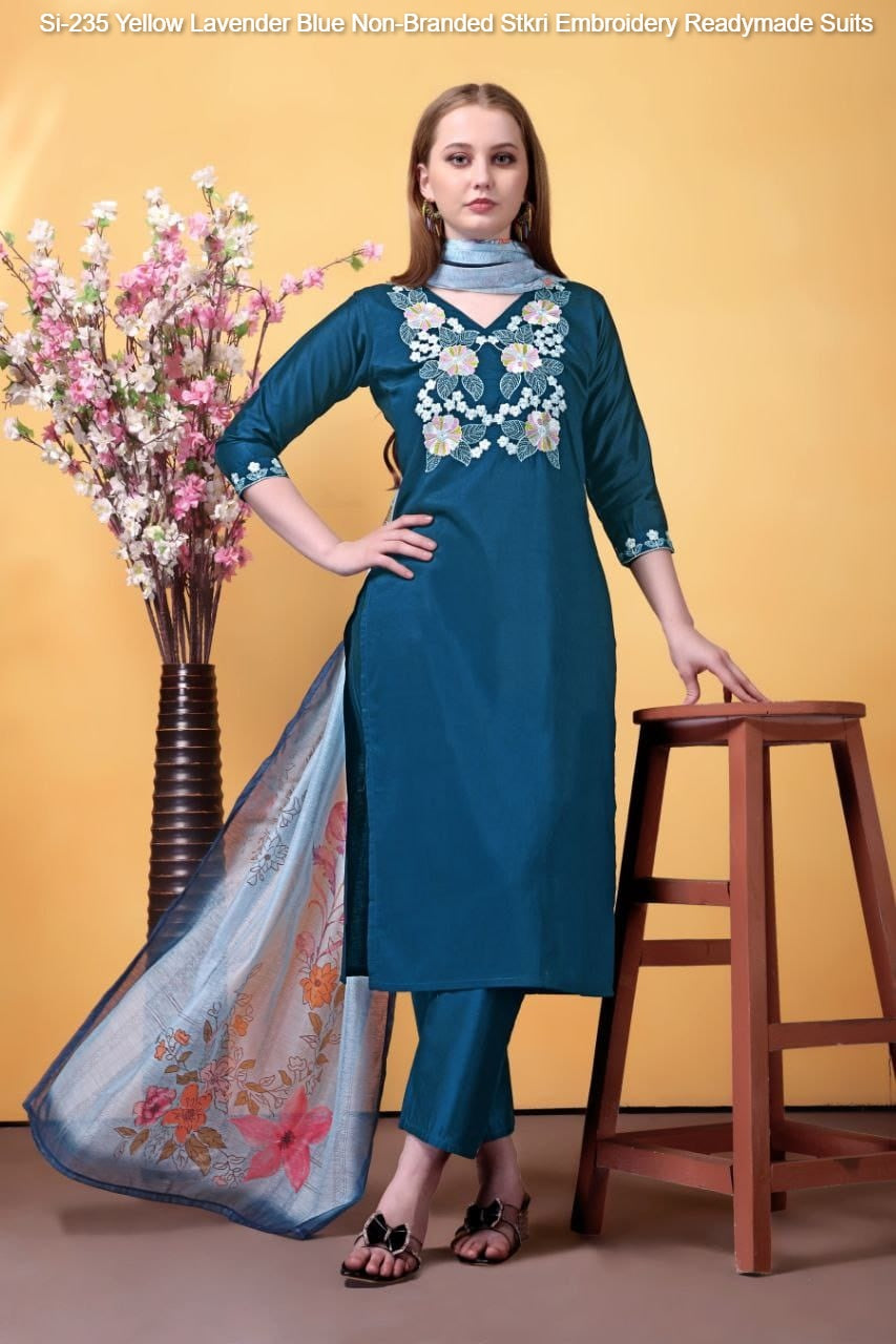 Si-235 Yellow Lavender Blue Non-Branded Stkri Embroidery Readymade Suits