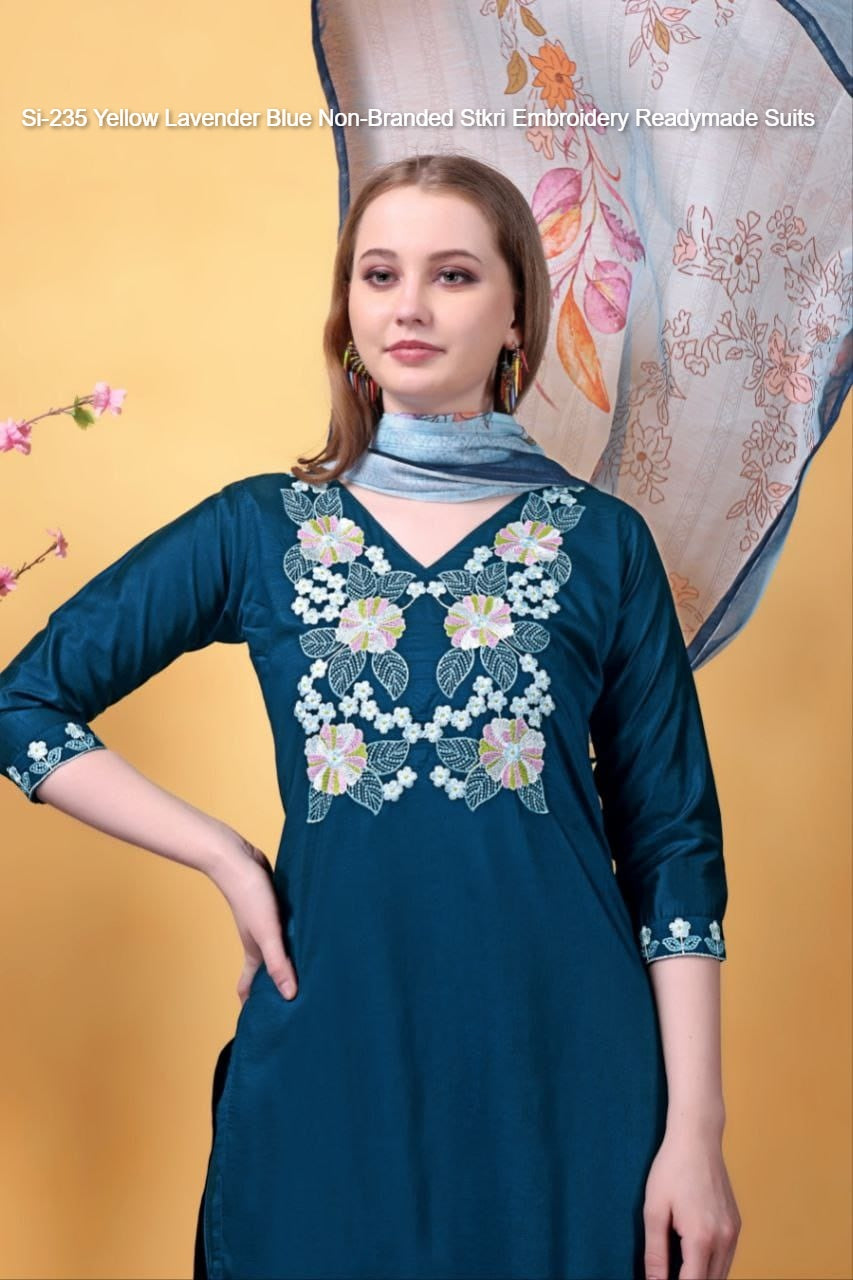 Si-235 Yellow Lavender Blue Non-Branded Stkri Embroidery Readymade Suits