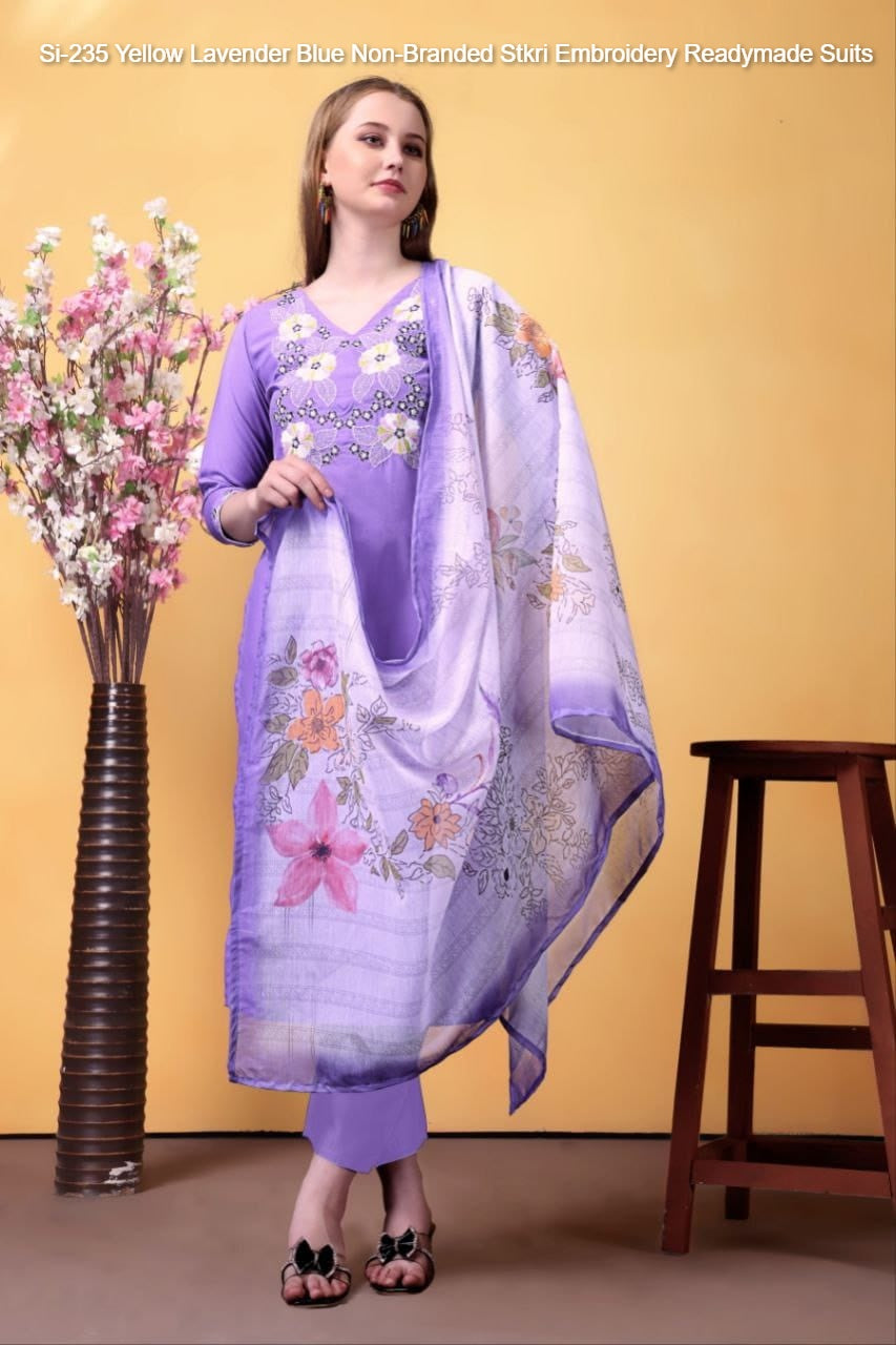Si-235 Yellow Lavender Blue Non-Branded Stkri Embroidery Readymade Suits