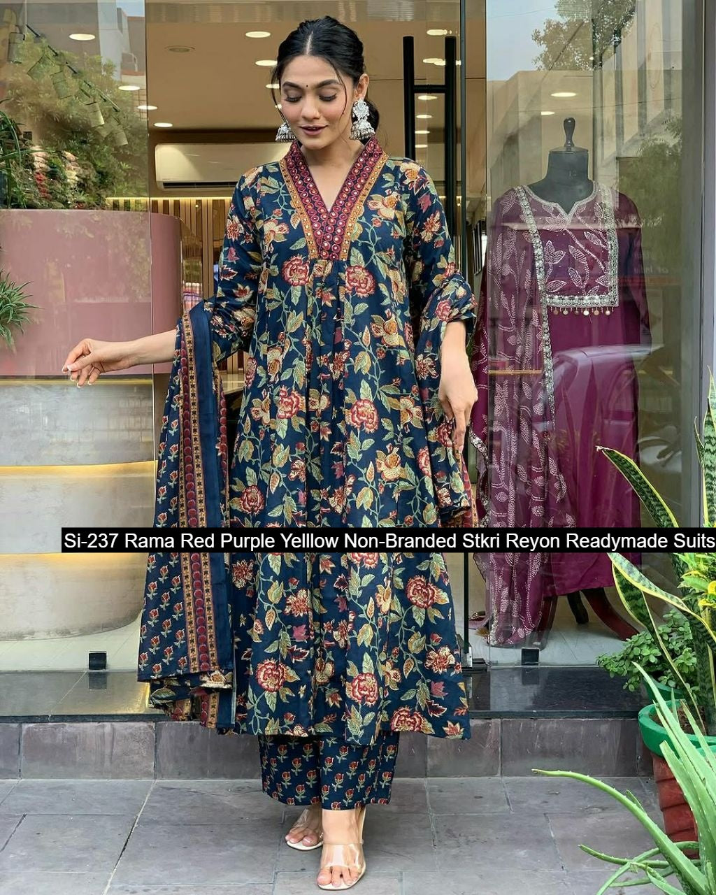 Si-237 Rama Red Purple Yelllow Non-Branded Stkri Reyon Readymade Suits