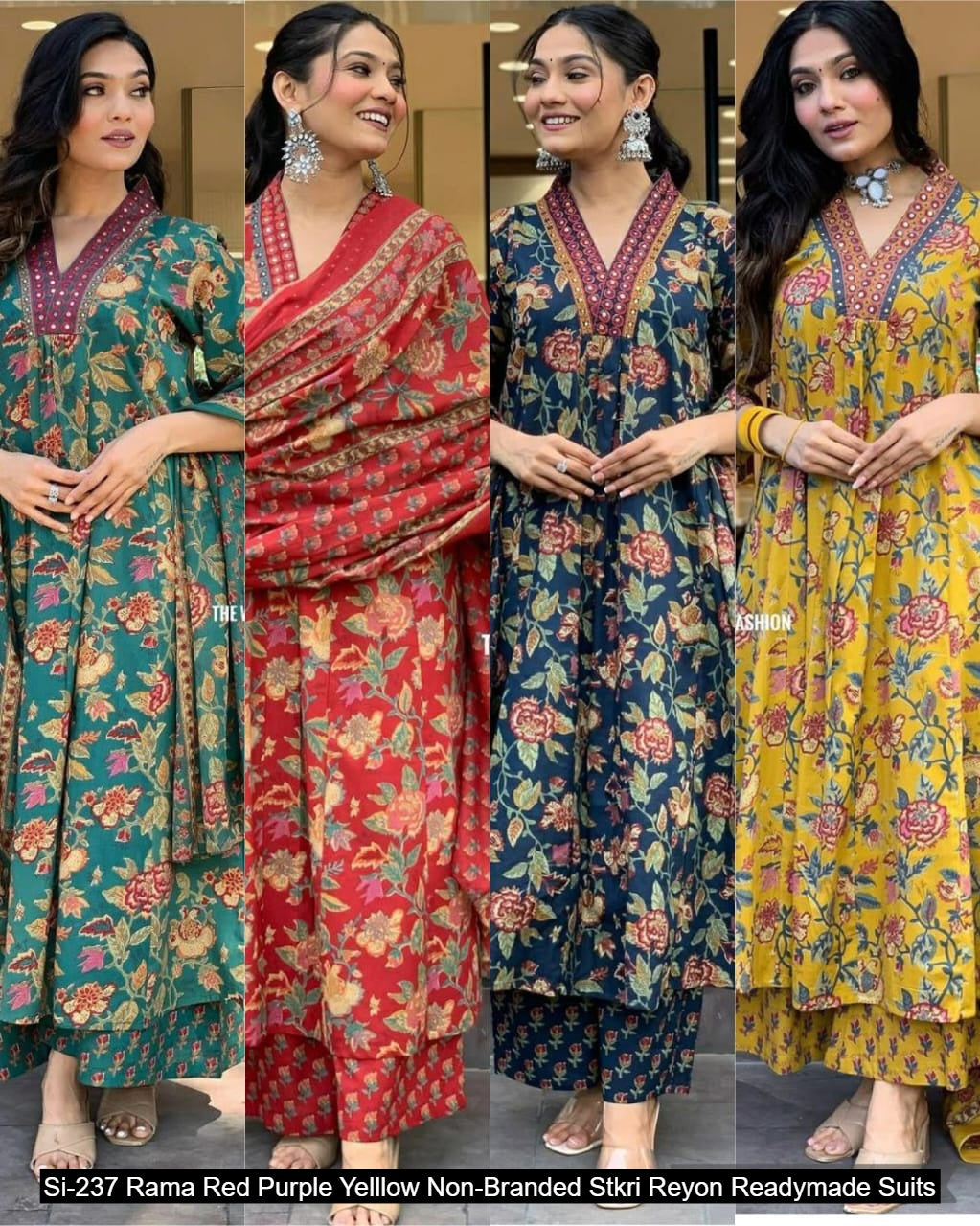 Si-237 Rama Red Purple Yelllow Non-Branded Stkri Reyon Readymade Suits