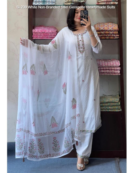 Si-239 White Non-Branded Stkri Georgette Readymade Suits