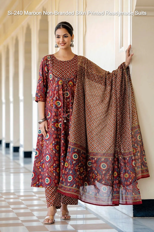 Si-240 Maroon Non-Branded Stkri Printed Readymade Suits