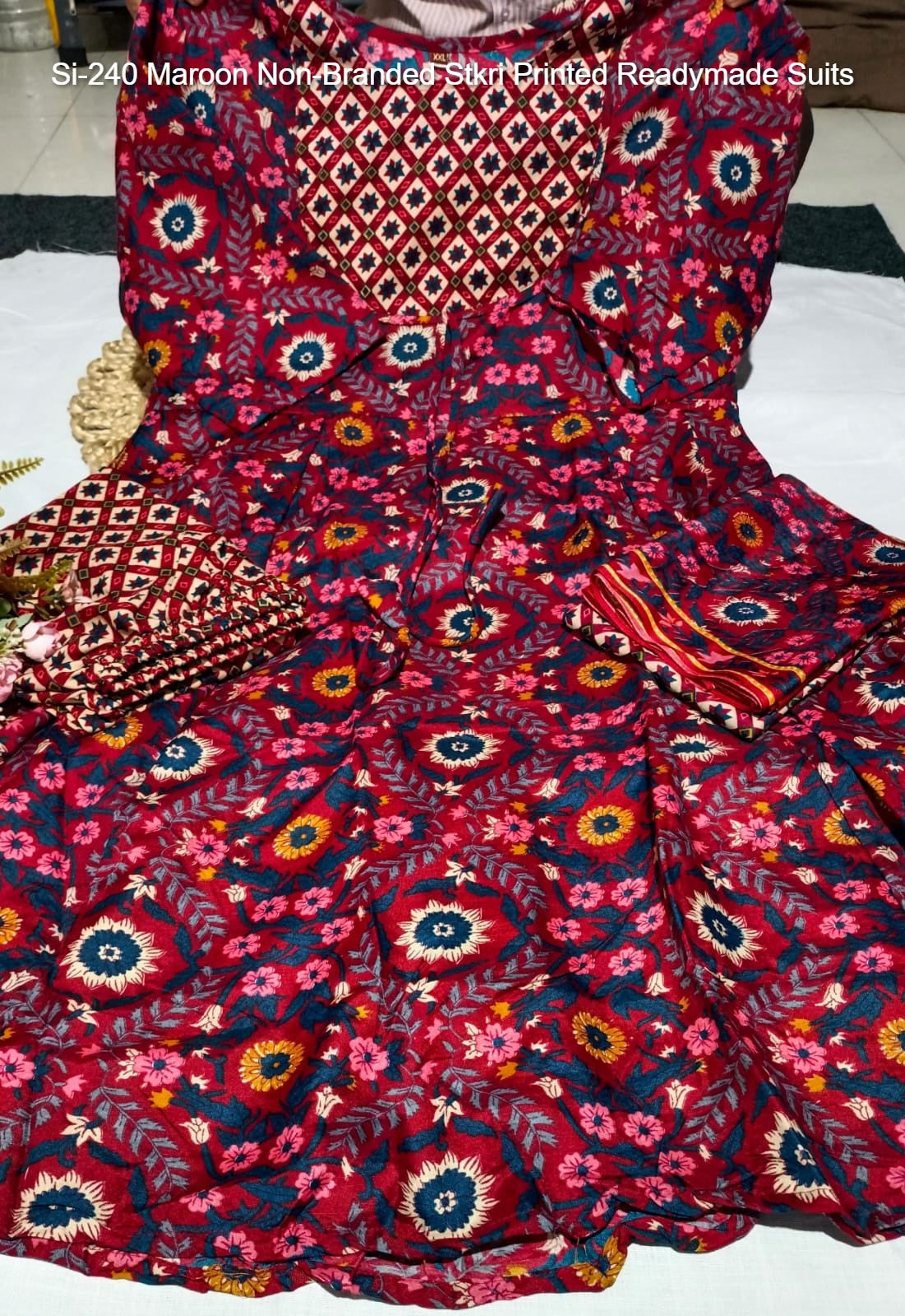 Si-240 Maroon Non-Branded Stkri Printed Readymade Suits