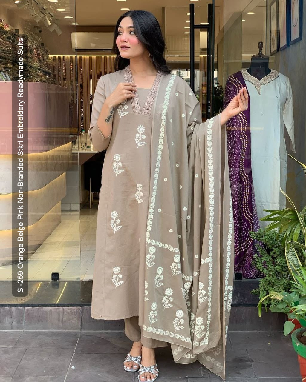 Si-259 Orange Beige Pink Non-Branded Stkri Embroidery Readymade Suits