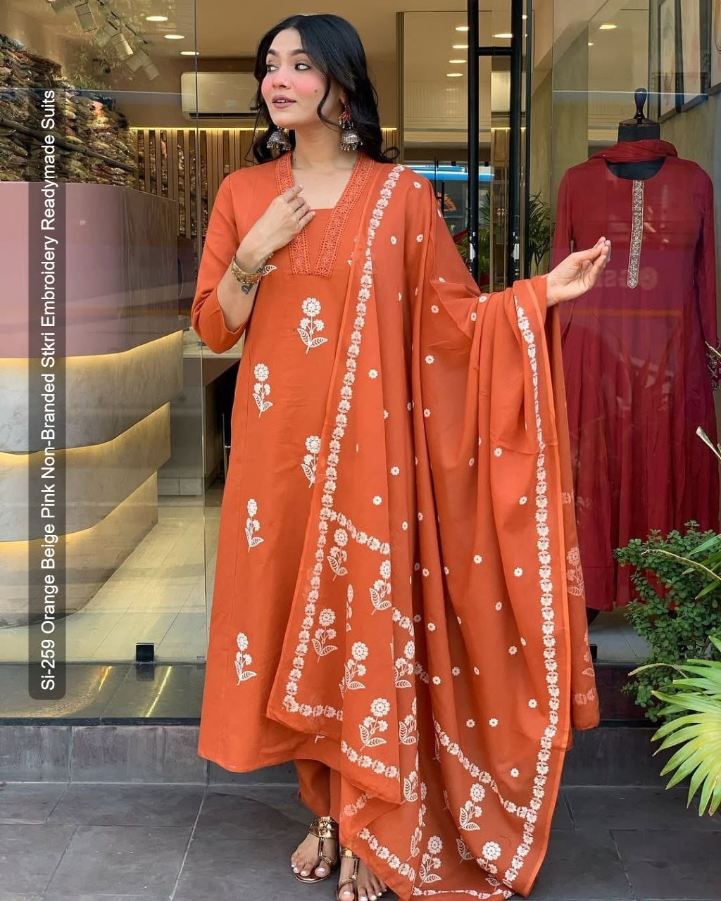 Si-259 Orange Beige Pink Non-Branded Stkri Embroidery Readymade Suits