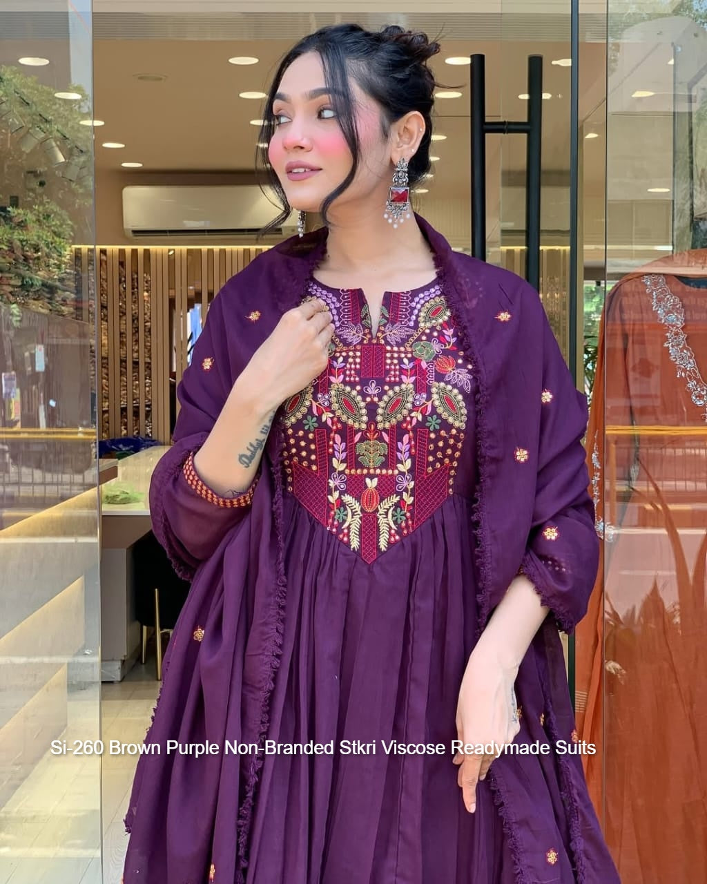 Si-260 Brown Purple Non-Branded Stkri Viscose Readymade Suits
