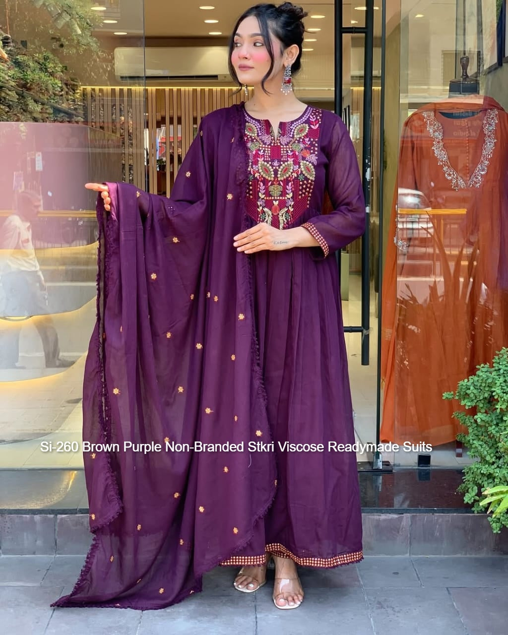 Si-260 Brown Purple Non-Branded Stkri Viscose Readymade Suits