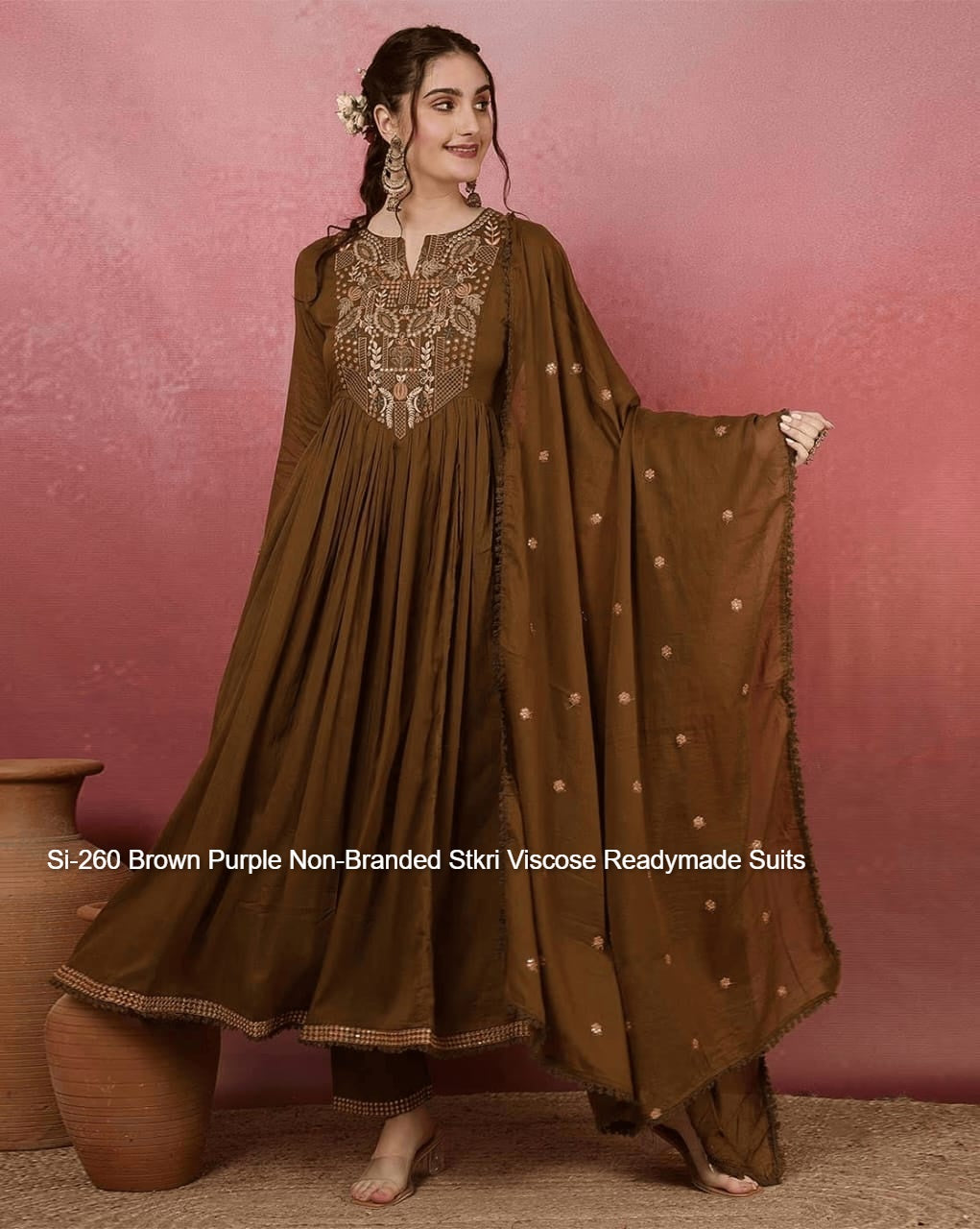 Si-260 Brown Purple Non-Branded Stkri Viscose Readymade Suits