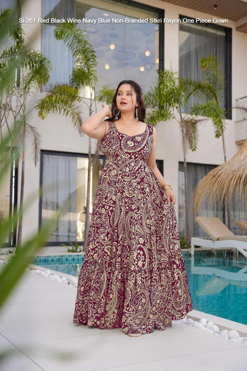 Si-261 Red Black Wine Navy Blue Non-Branded Stkri Reyon One Piece Gown