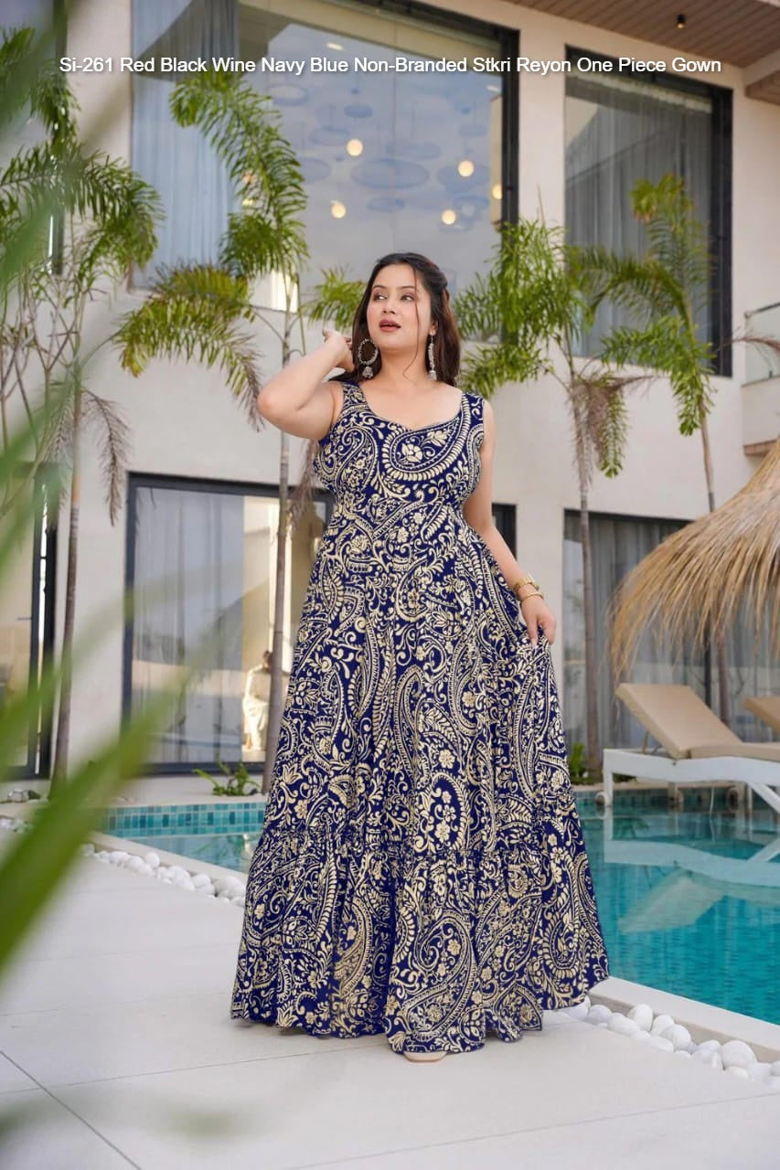 Si-261 Red Black Wine Navy Blue Non-Branded Stkri Reyon One Piece Gown